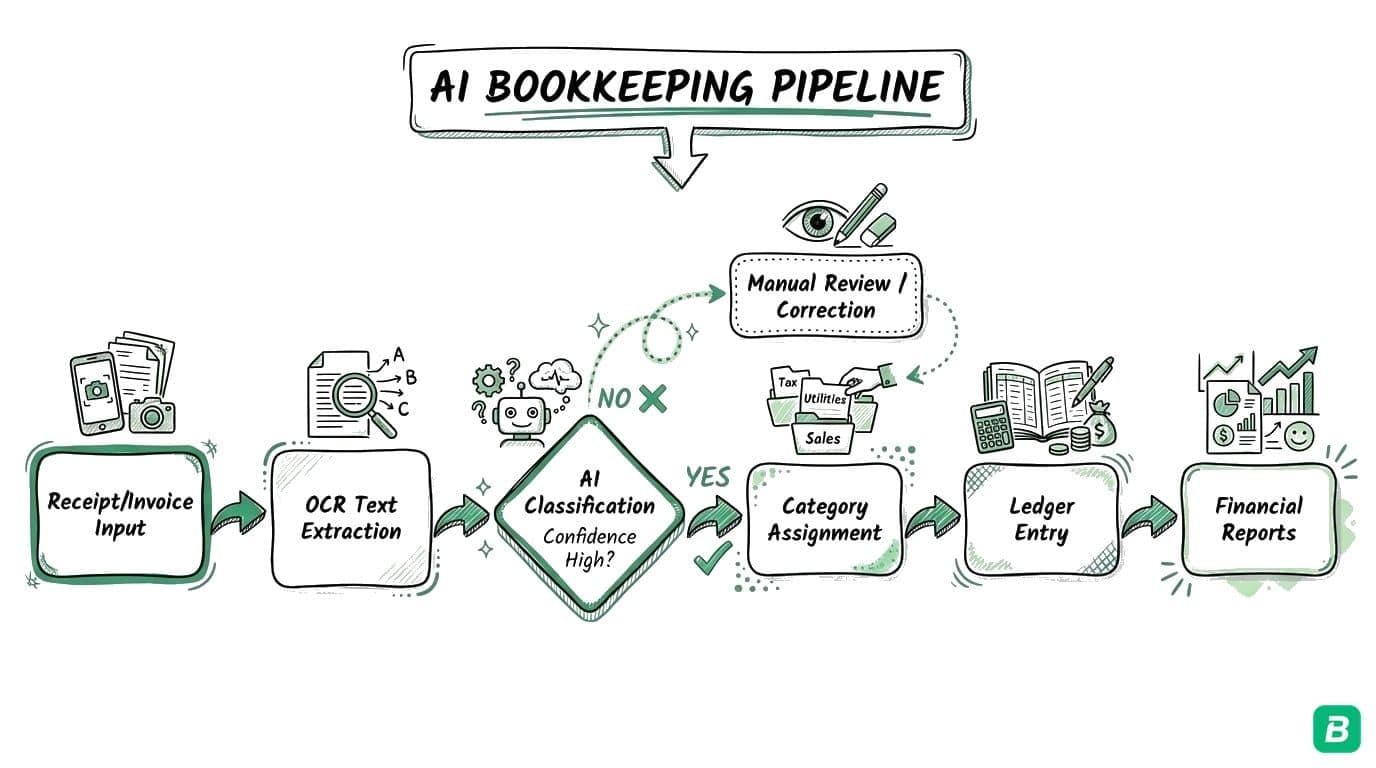 AI bookkeeping pipeline: Scan Receipt → AI Extracts Data → Auto-Categorize → Separate Taxes → Generate Reports