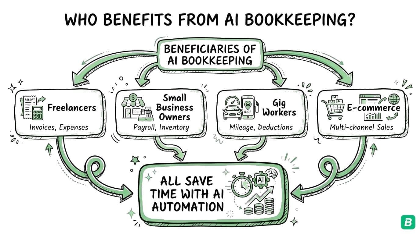 Who benefits from AI bookkeeping: Freelancers (dozens of mixed expenses), Gig Workers (hundreds of small transactions), Sole Proprietors (owner does the books), Service Businesses (vehicle + equipment + mixed use) — all save hours on categorization