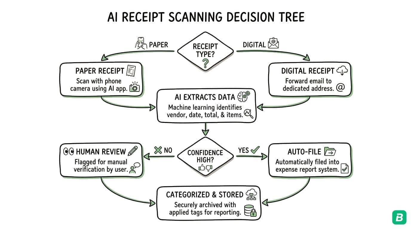 Decision tree: choose Traditional OCR for high-volume same-format or budget-constrained, AI Receipt Scanning for everything else