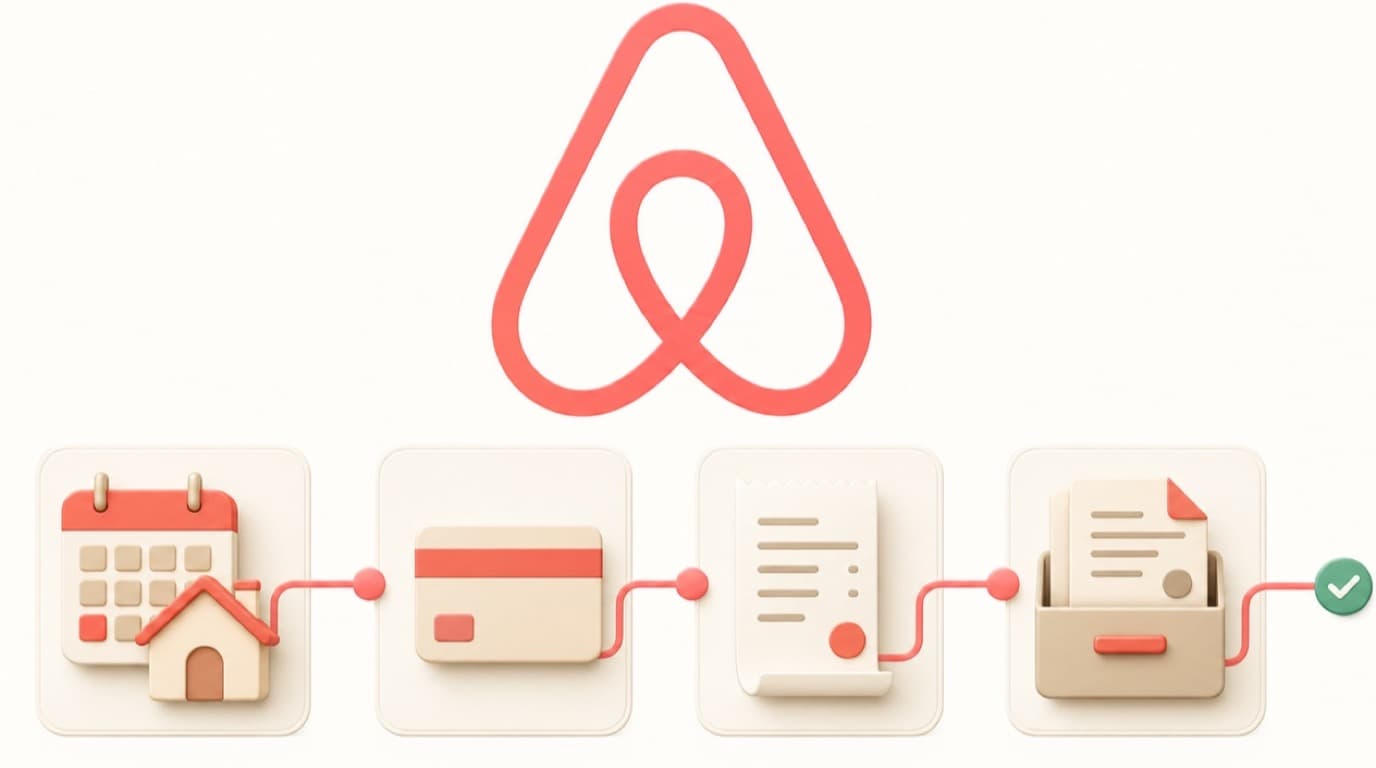 Sketch diagram showing an Airbnb reservation flowing into split payment receipts, a tax invoice, business-trip evidence, and matching bank transactions