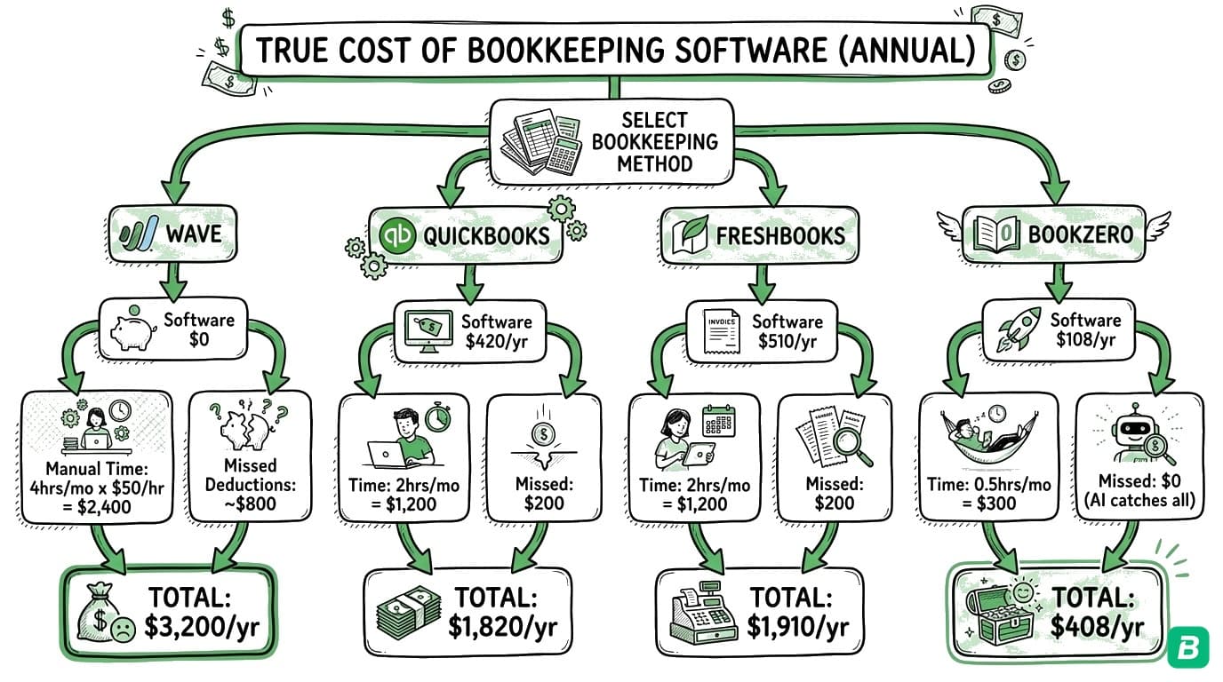 True annual cost of bookkeeping software comparing Wave, QuickBooks, FreshBooks, and BookZero including hidden time and missed deduction costs