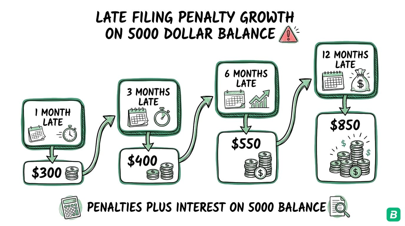 Penalty comparison chart showing how a $5,000 balance grows with late filing at 1 month ($300), 3 months ($400), 6 months ($550), and 12 months ($850) including interest