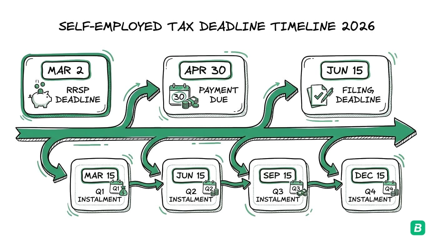 Self-employed tax deadline timeline showing March RRSP, April payment, June filing, plus quarterly GST/HST and instalment dates throughout 2026