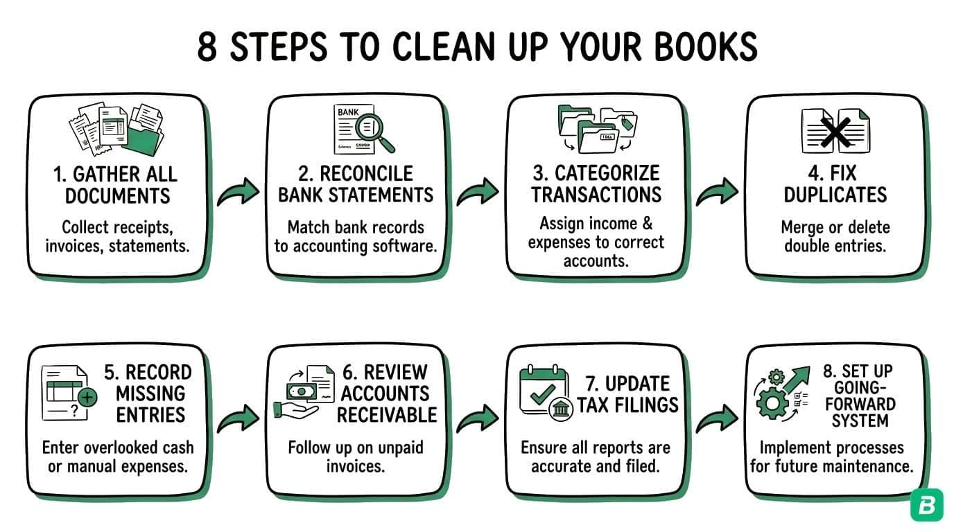 Bookkeeping cleanup in 8 steps: Assess Damage → Gather Documents → Categorize → Reconcile → Separate Personal/Business → Fix GST/HST → Handle Missing Receipts → Set Up Prevention → CRA-Ready Books