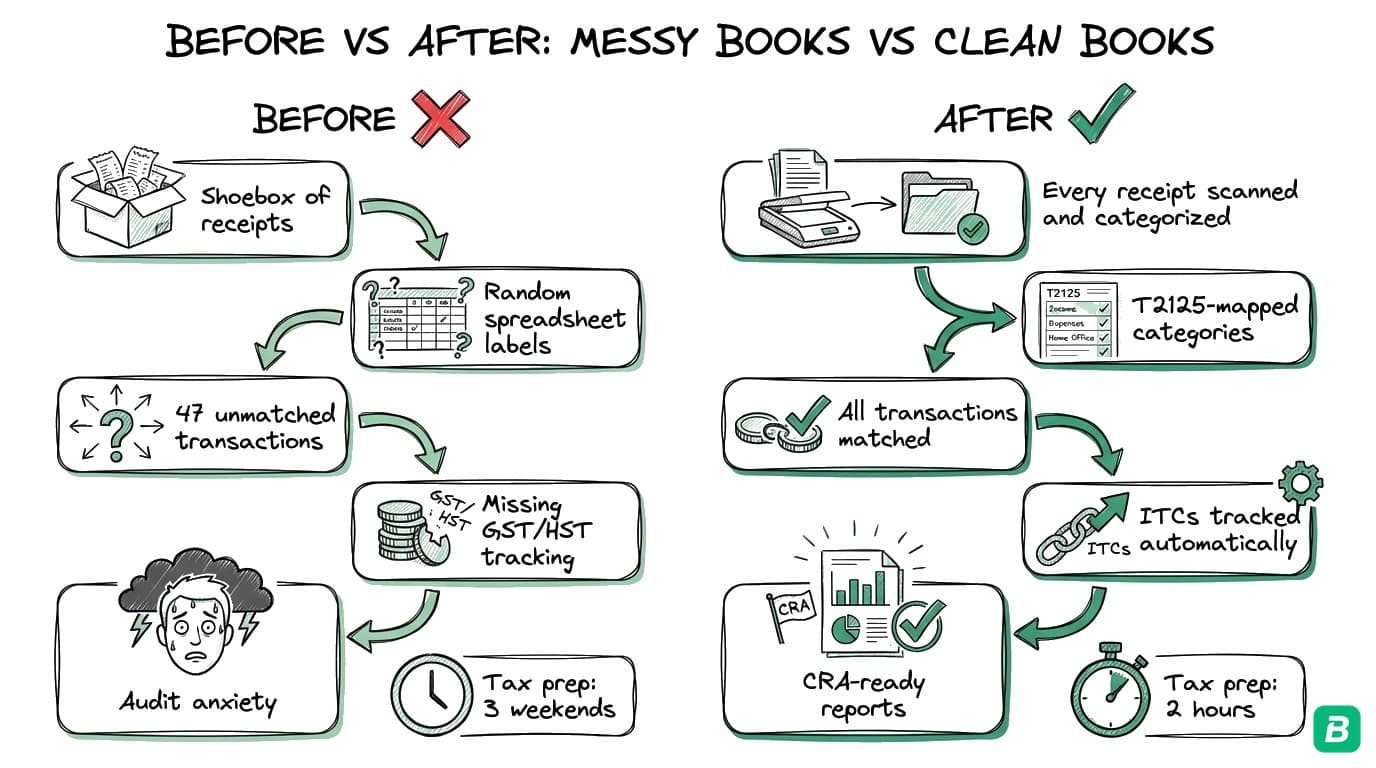 Before vs after bookkeeping cleanup comparison showing messy books with unmatched transactions versus clean CRA-ready books