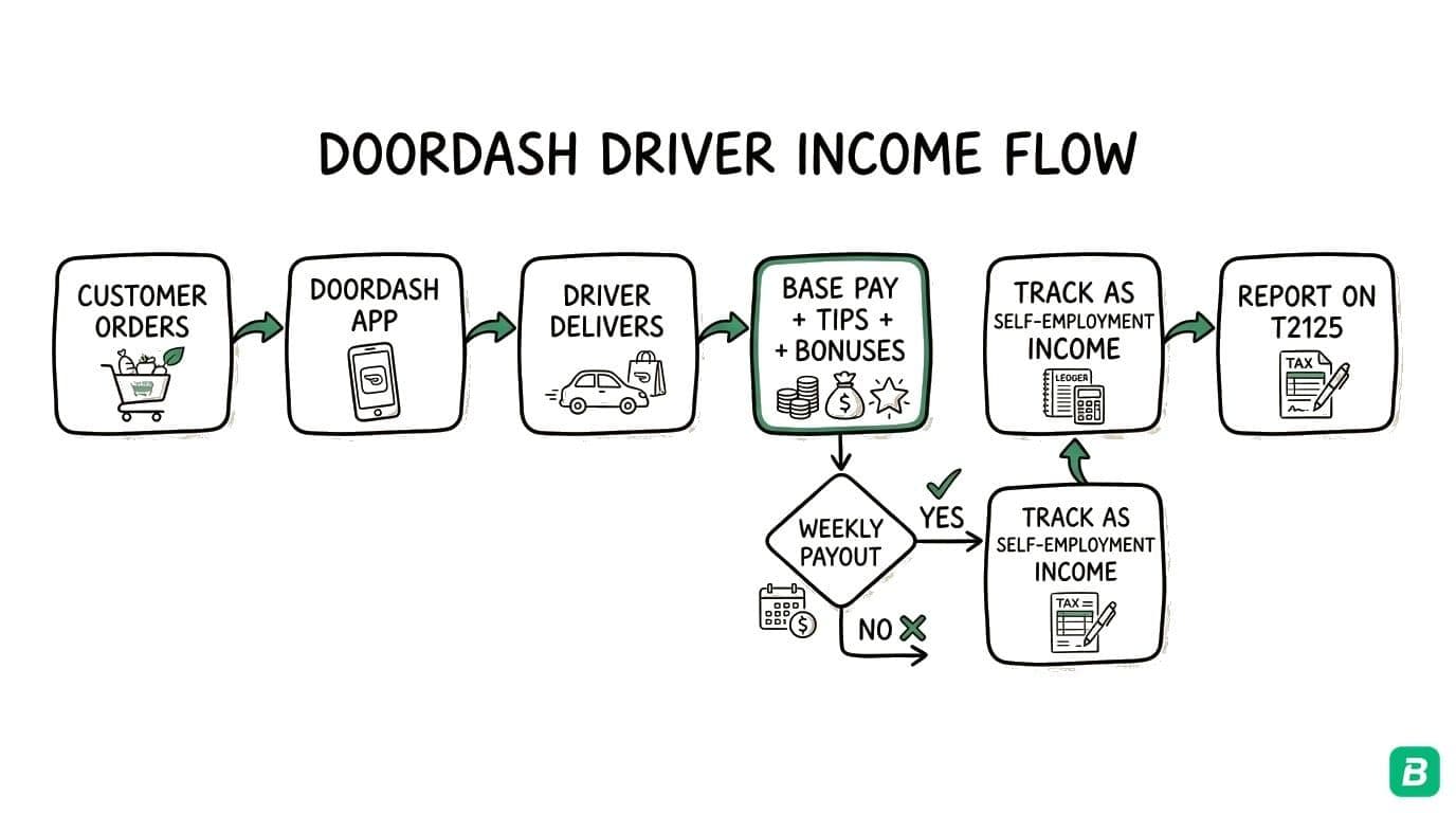 Delivery driver income flow: Gross Earnings → Base Pay + Tips + Bonuses → Line 8000 on T2125 → Minus Deductions → Net Business Income → Income Tax + CPP