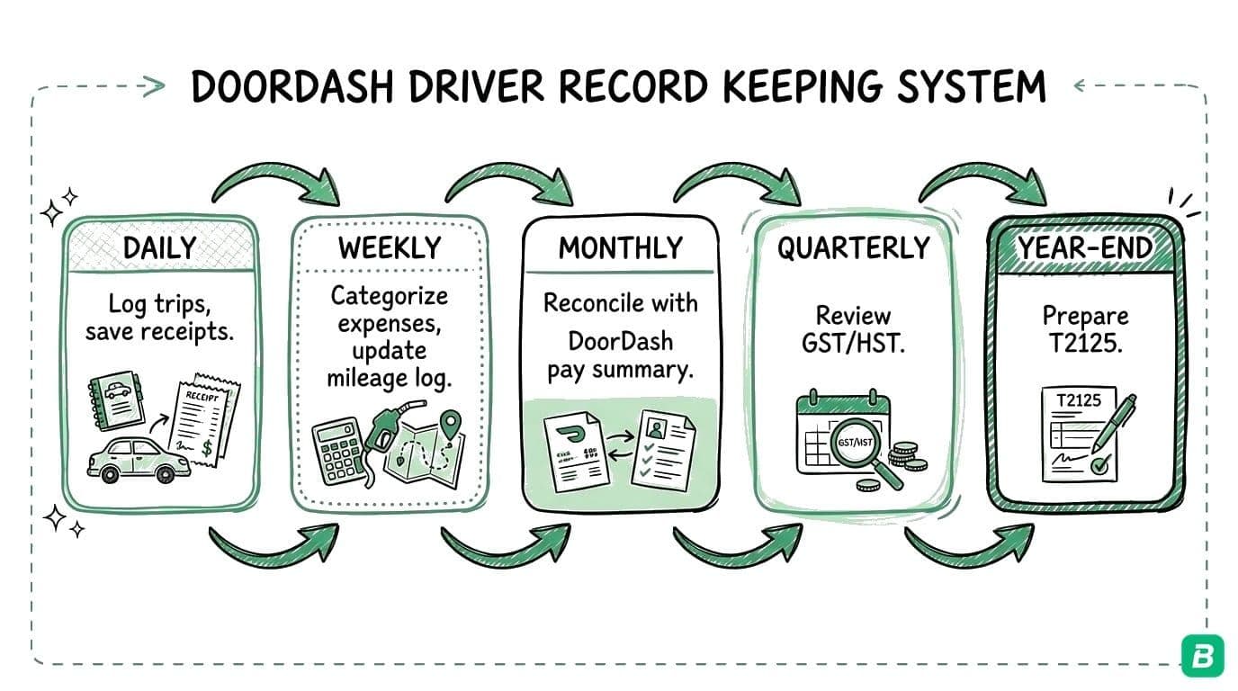 CRA requires keeping records for 6 years: Mileage Log, Receipts, Platform Summaries, Bank Statements, GST/HST Filings