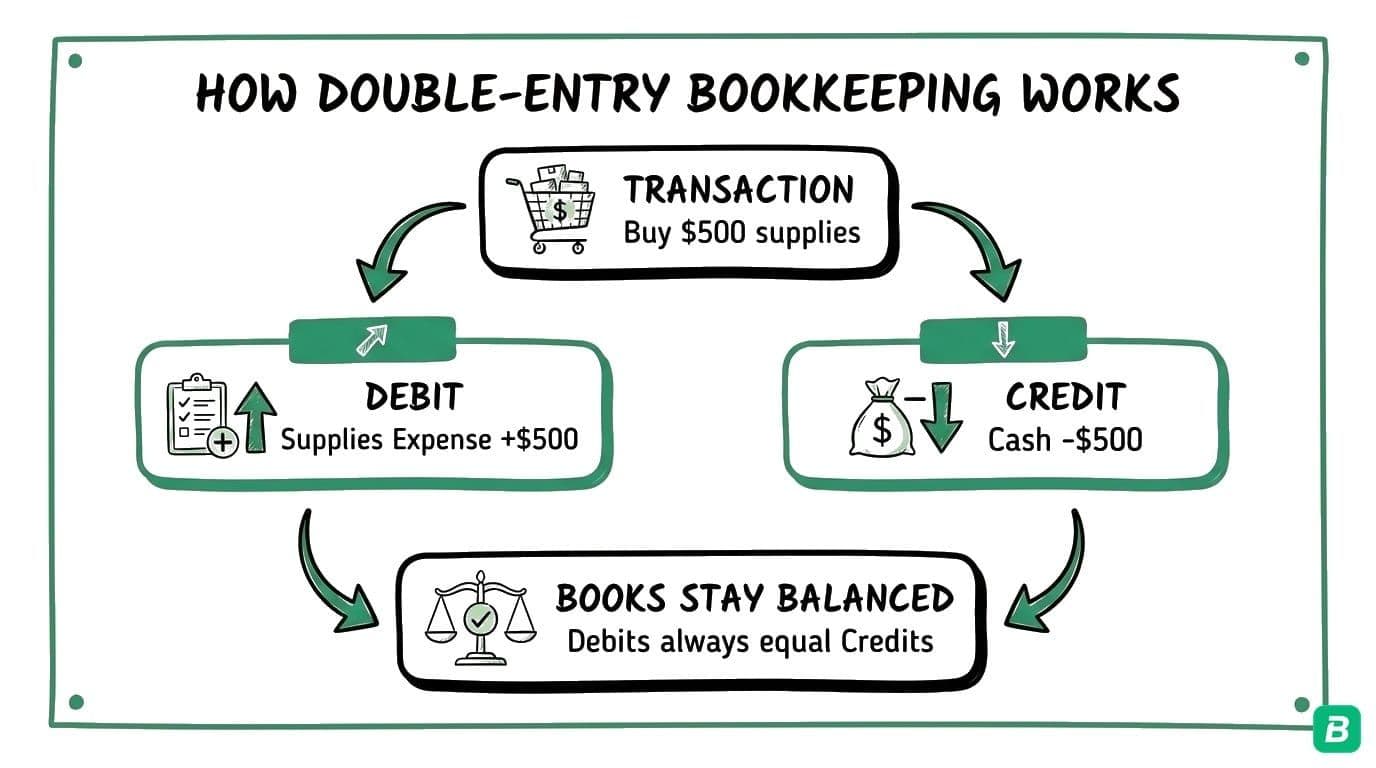 Double-entry bookkeeping flowchart: transaction creates debit and credit entries that must balance