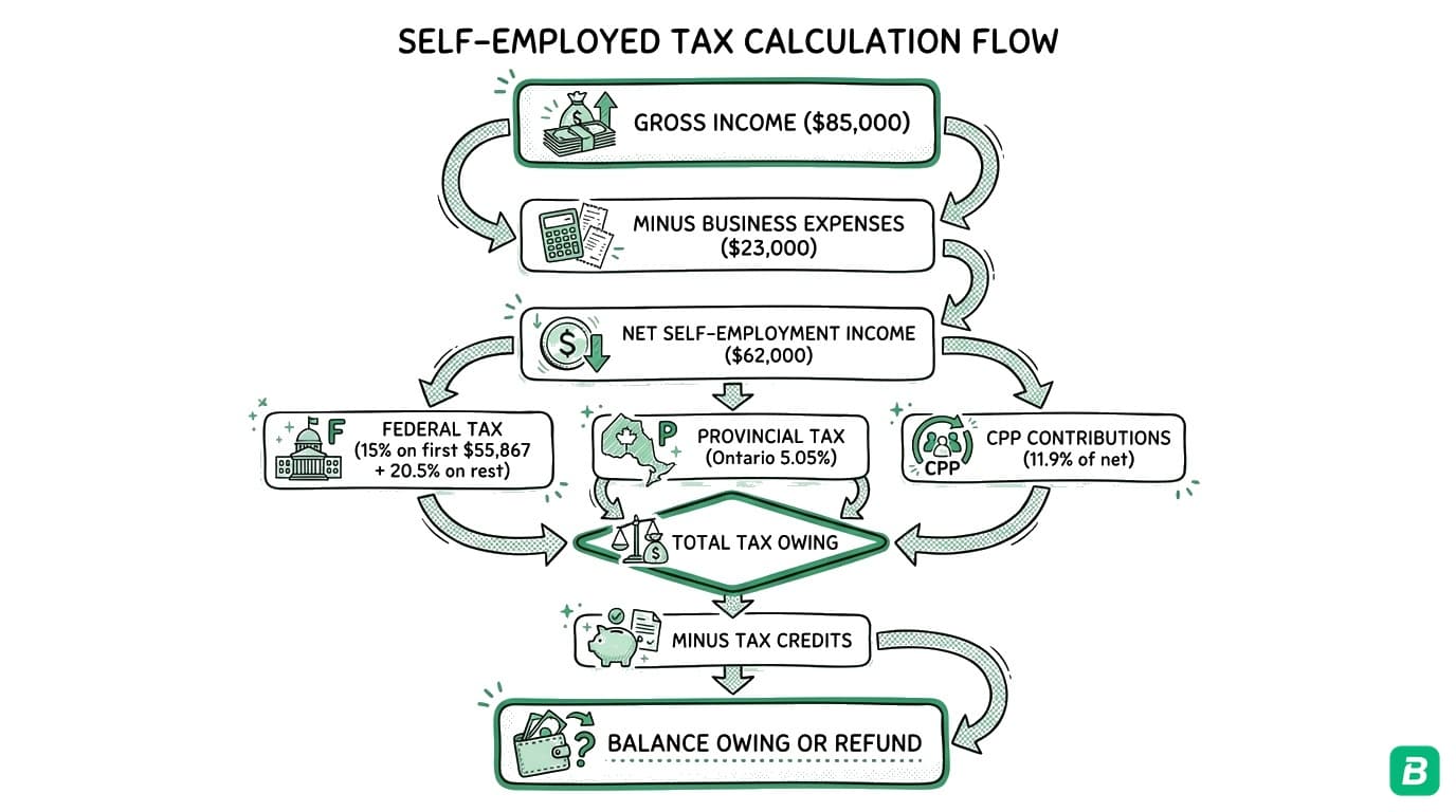 Self-employed tax calculation flow showing how gross income minus expenses flows through federal tax, provincial tax, and CPP contributions to balance owing
