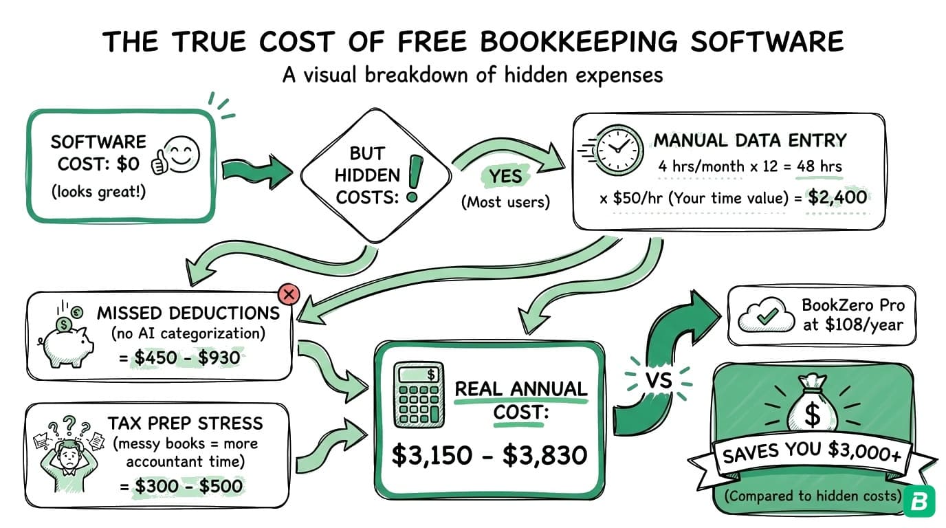 The true cost of free bookkeeping software showing hidden costs of manual data entry, missed deductions, and tax prep stress totaling over $3,000 annually