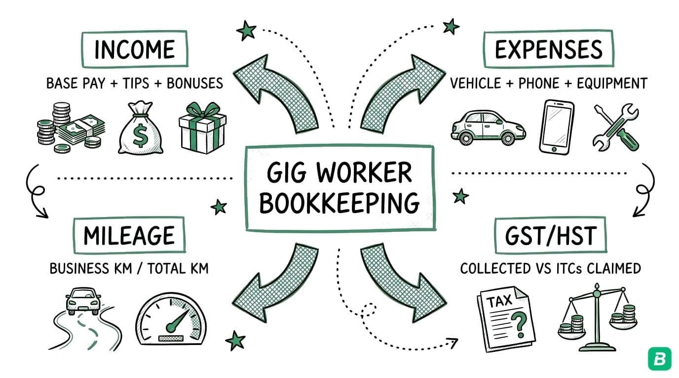 Four pillars of gig worker bookkeeping: Income (base pay, tips, bonuses), Expenses (vehicle, phone, equipment), Mileage (business km vs total km), GST/HST (collected vs ITCs claimed)