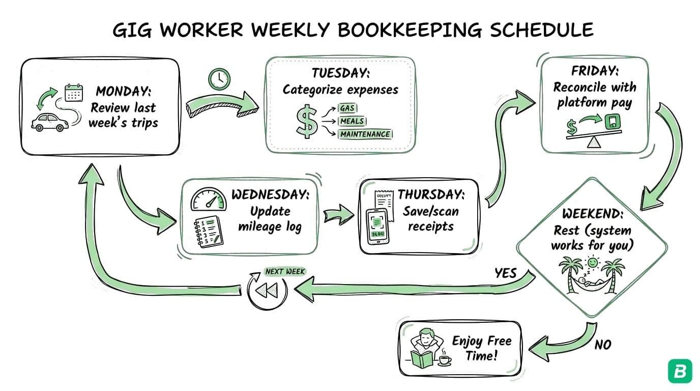 Bookkeeping schedule: Weekly (scan receipts, record expenses, check earnings, update mileage), Monthly (reconcile bank, review categories, check GST/HST), Quarterly (file GST/HST, review income trends, set aside tax money)