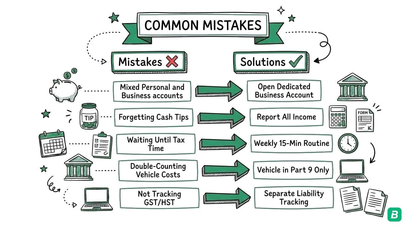 Five common bookkeeping mistakes and their solutions: mixed accounts → dedicated business account, forgetting tips → report all income, waiting until tax time → weekly routine, double-counting vehicle → Part 9 only, not tracking GST/HST → separate liability tracking