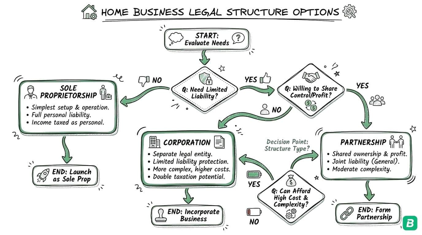 Legal structure decision: under $75K/year → Sole Proprietorship (simple, low cost, T2125), over $75K/year → Consider Incorporation (separate entity, higher cost). Start as sole prop, incorporate later if needed.