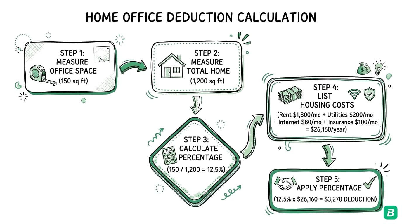 Home office deduction calculation showing how to measure office space percentage and apply it to housing costs for a $3,270 tax deduction