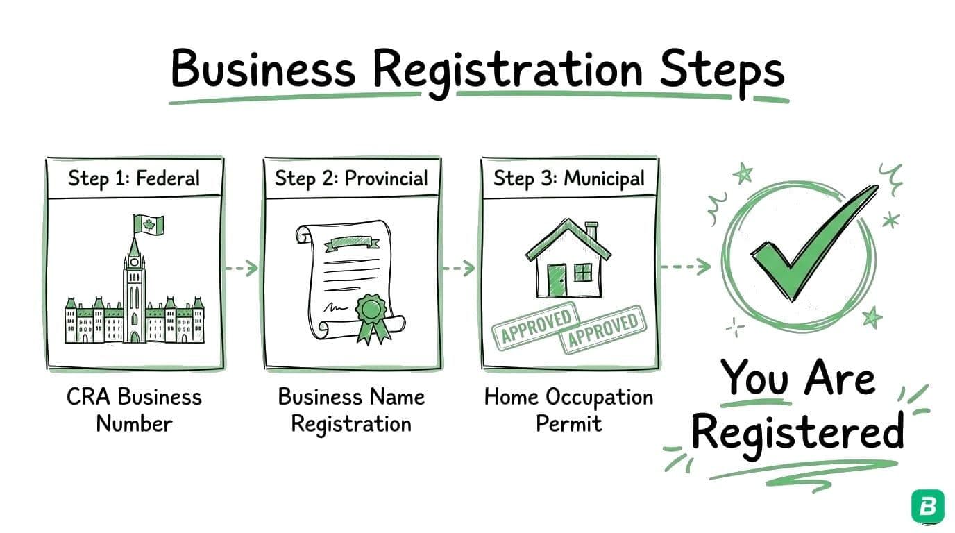 Three registration steps: Federal (CRA Business Number) → Provincial (Business Name Registration) → Municipal (Home Occupation Permit) → You Are Registered