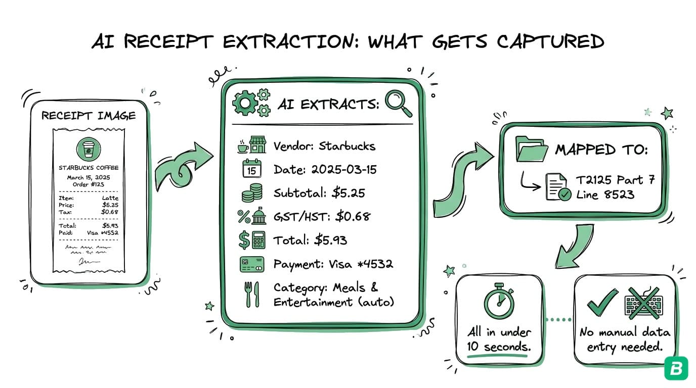 AI receipt extraction showing what gets captured from a receipt including vendor, date, amounts, tax, payment method, and auto-category mapped to T2125
