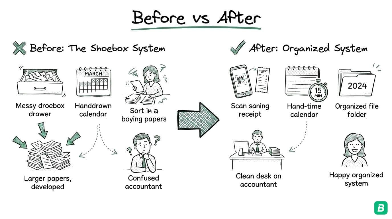 Before: receipts in drawer → 2 weekends sorting → accountant 6+ hours → missing deductions → Cost $2,445. After: scan immediately → 15 min monthly → accountant 1 hour → all deductions → Cost $580