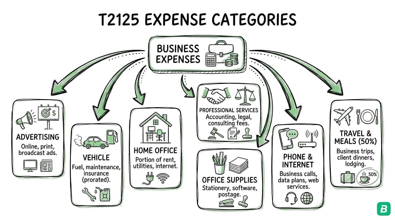 T2125 expense categories: Part 7 Business Expenses (Advertising, Office, Phone, Platform Fees, Meals at 50%), Part 8 CCA (Equipment), Part 9 Vehicle (Fuel, Insurance), Part 10 Home Office (Rent, Utilities)