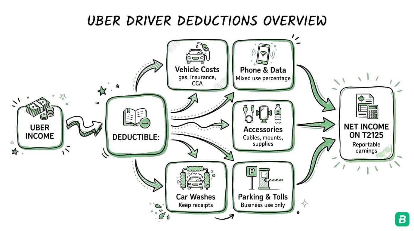 Six categories of Uber driver tax deductions: Vehicle Expenses, Phone and Data, Platform Fees, Home Office, Meals on Shift, Professional Fees