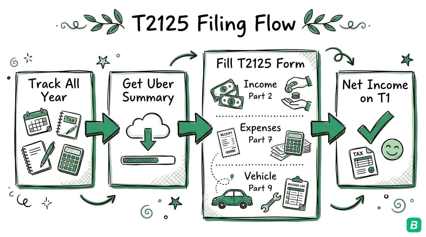 T2125 filing flow: Track All Year → Get Uber Summary → Fill T2125 Form (Income Part 2, Expenses Part 7, Vehicle Part 9) → Net Income on T1