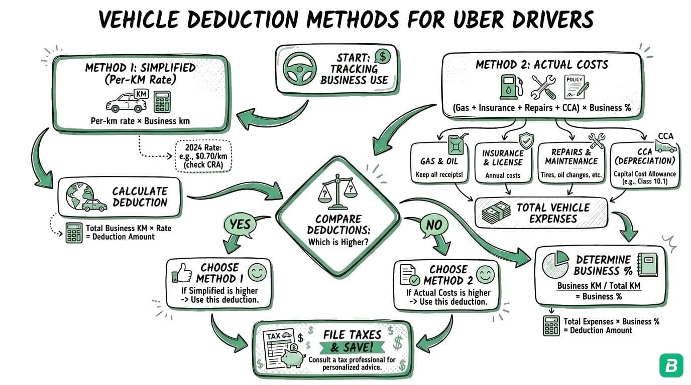 Two vehicle deduction methods: Actual Cost Method (track expenses, apply business-use percentage) vs CRA Mileage Rate (first 5000km at $0.72, remaining at $0.66) — compare both and choose larger
