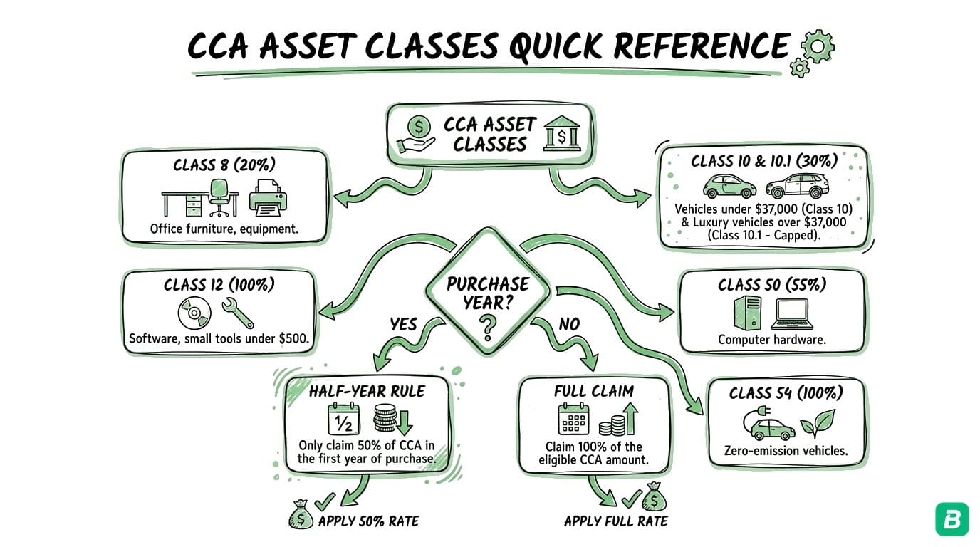 CCA asset classes quick reference showing depreciation rates for Classes 8, 10, 10.1, 12, 50, and 54 with the half-year rule