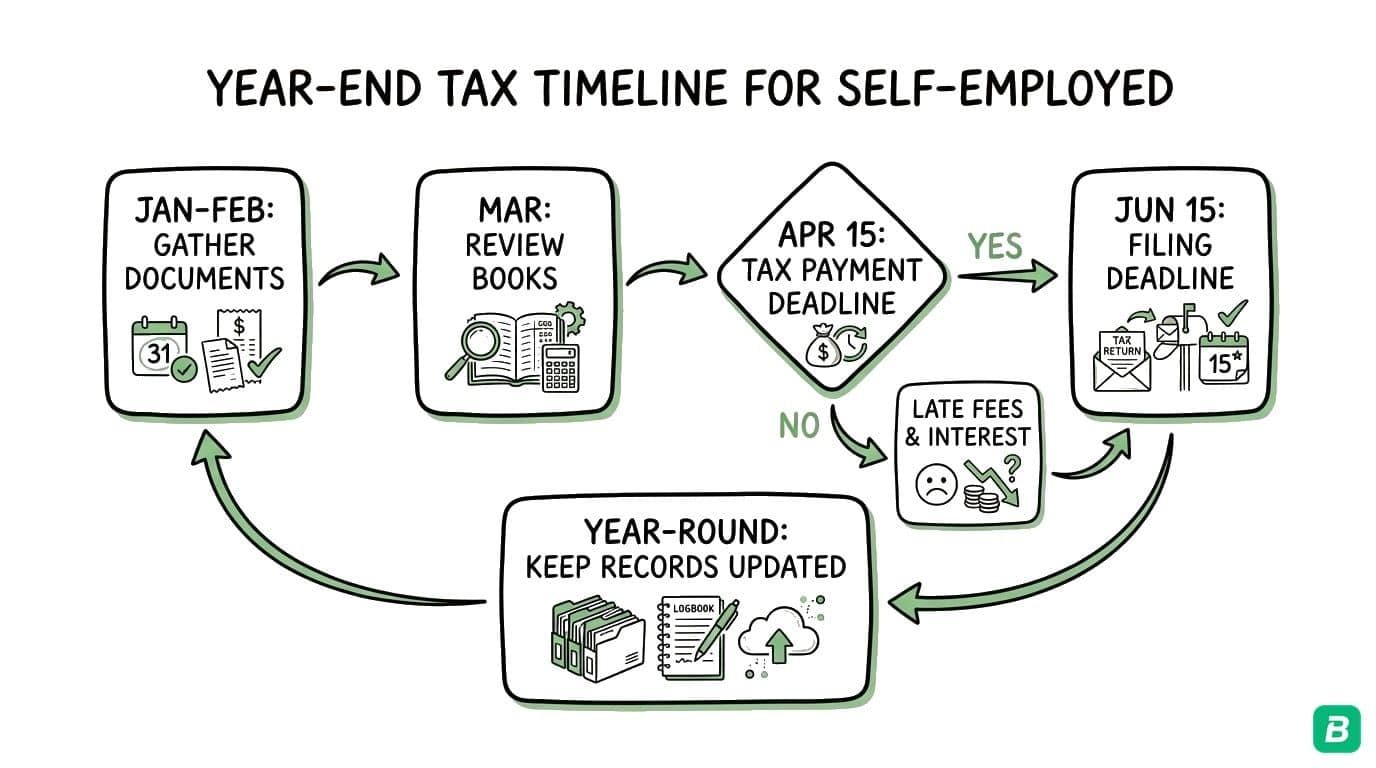 Year-end tax timeline: Oct-Nov Pre-Year-End Prep → December Year-End Close → January Document Gathering → Feb-March T2125 Filing → April 30 Payment Due / June 15 Filing Deadline