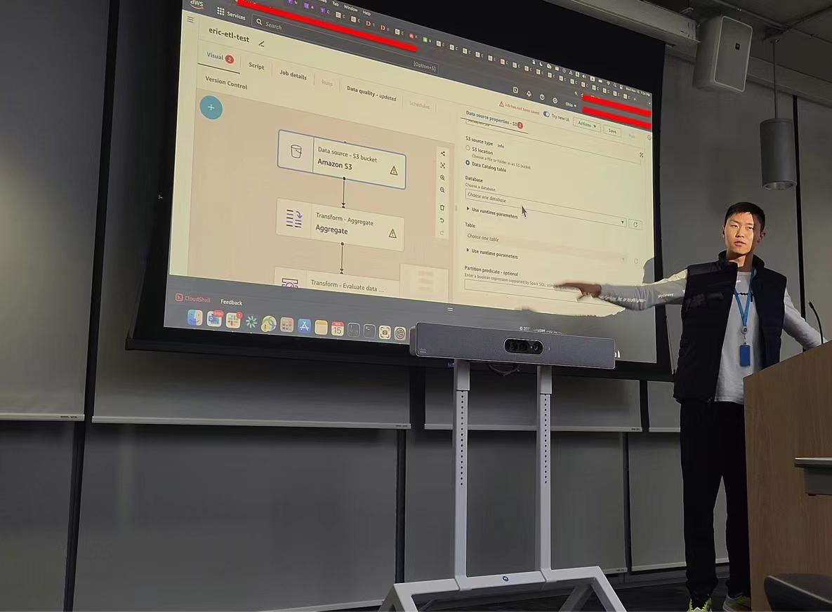 Eric presenting a data pipeline tech talk at AWS