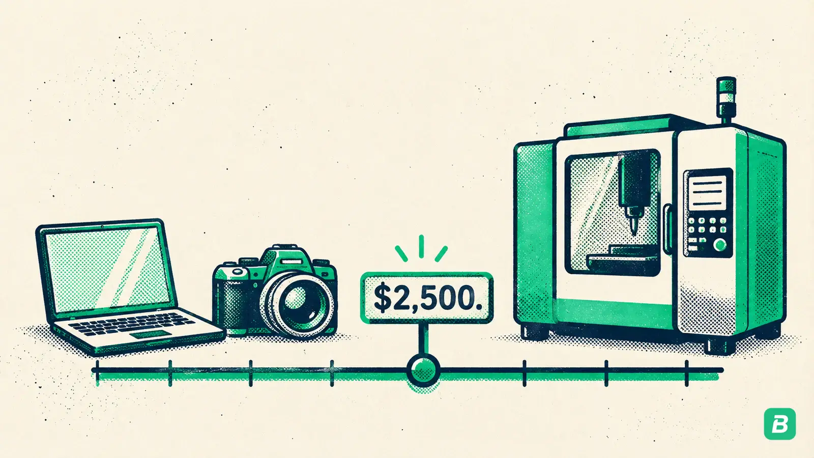 A laptop and camera below a $2,500 marker and a large machine above it