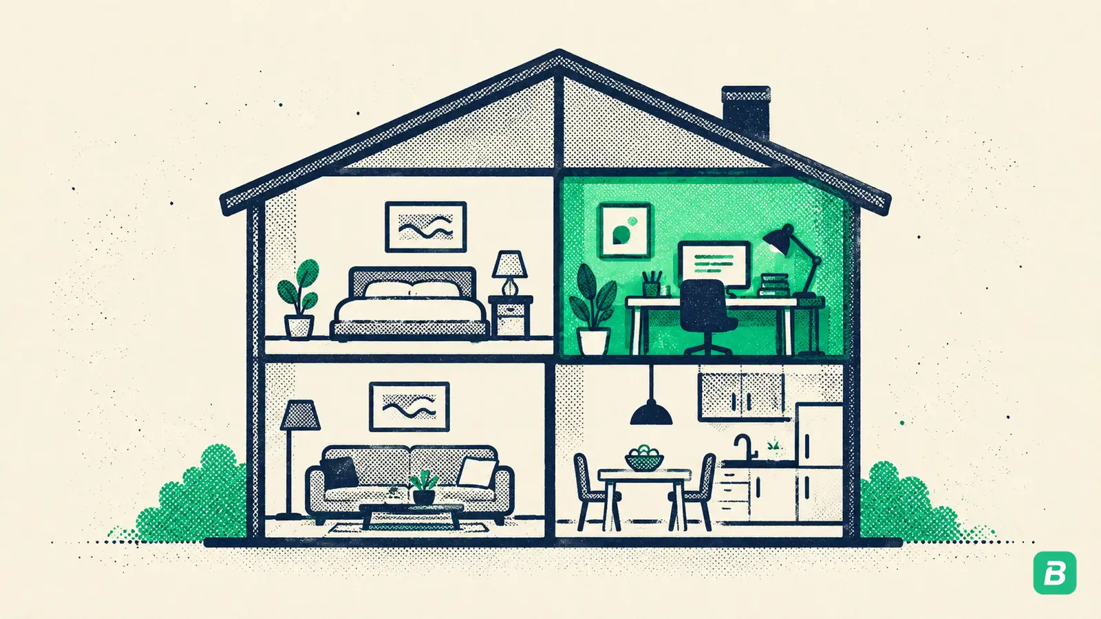 A cutaway house with one small office room highlighted