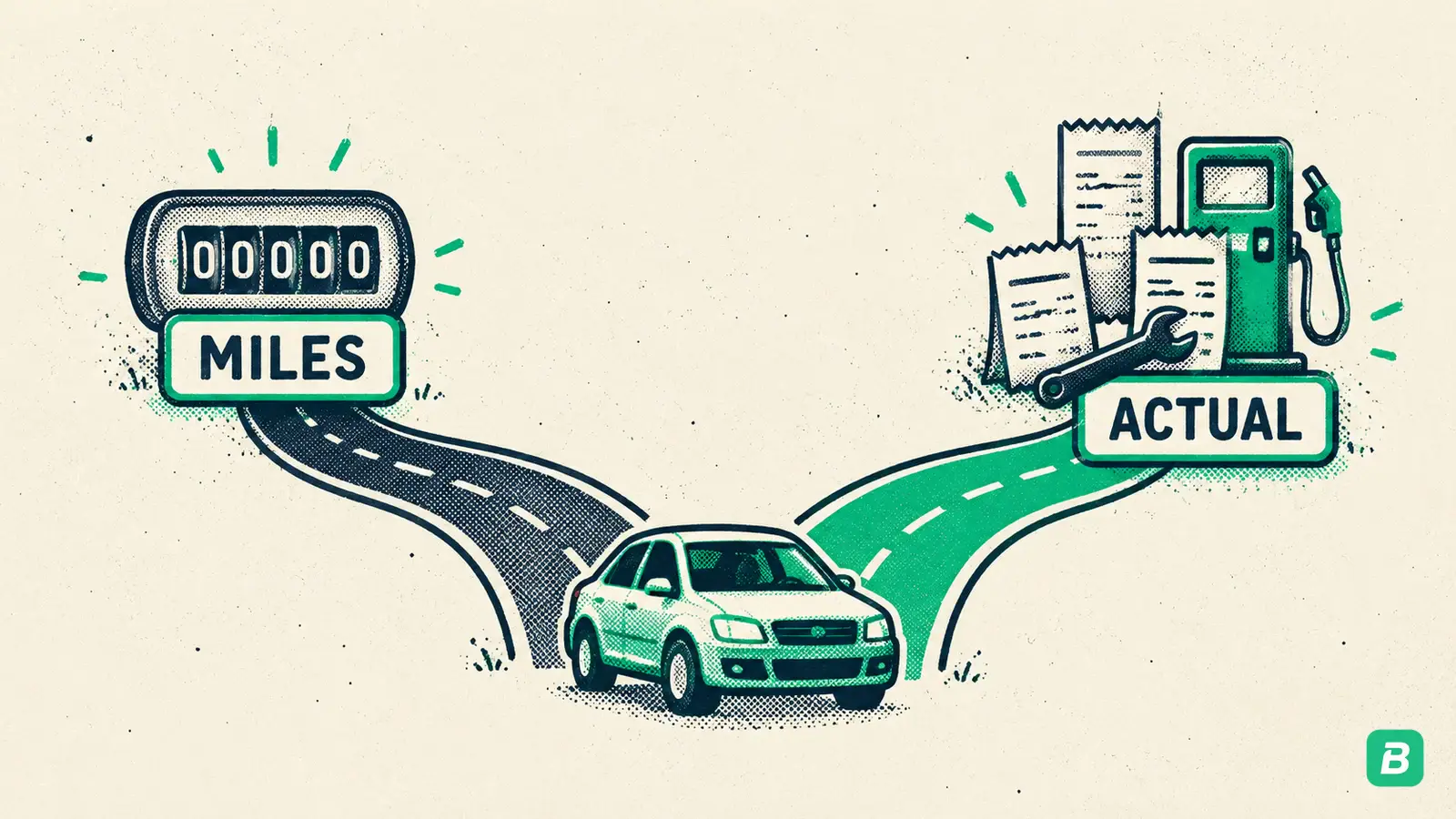 A car at a fork between a mileage counter road and a stack of fuel and repair receipts