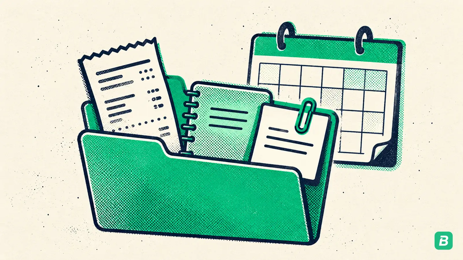 A folder holding a receipt, a mileage notebook and a note, clipped together