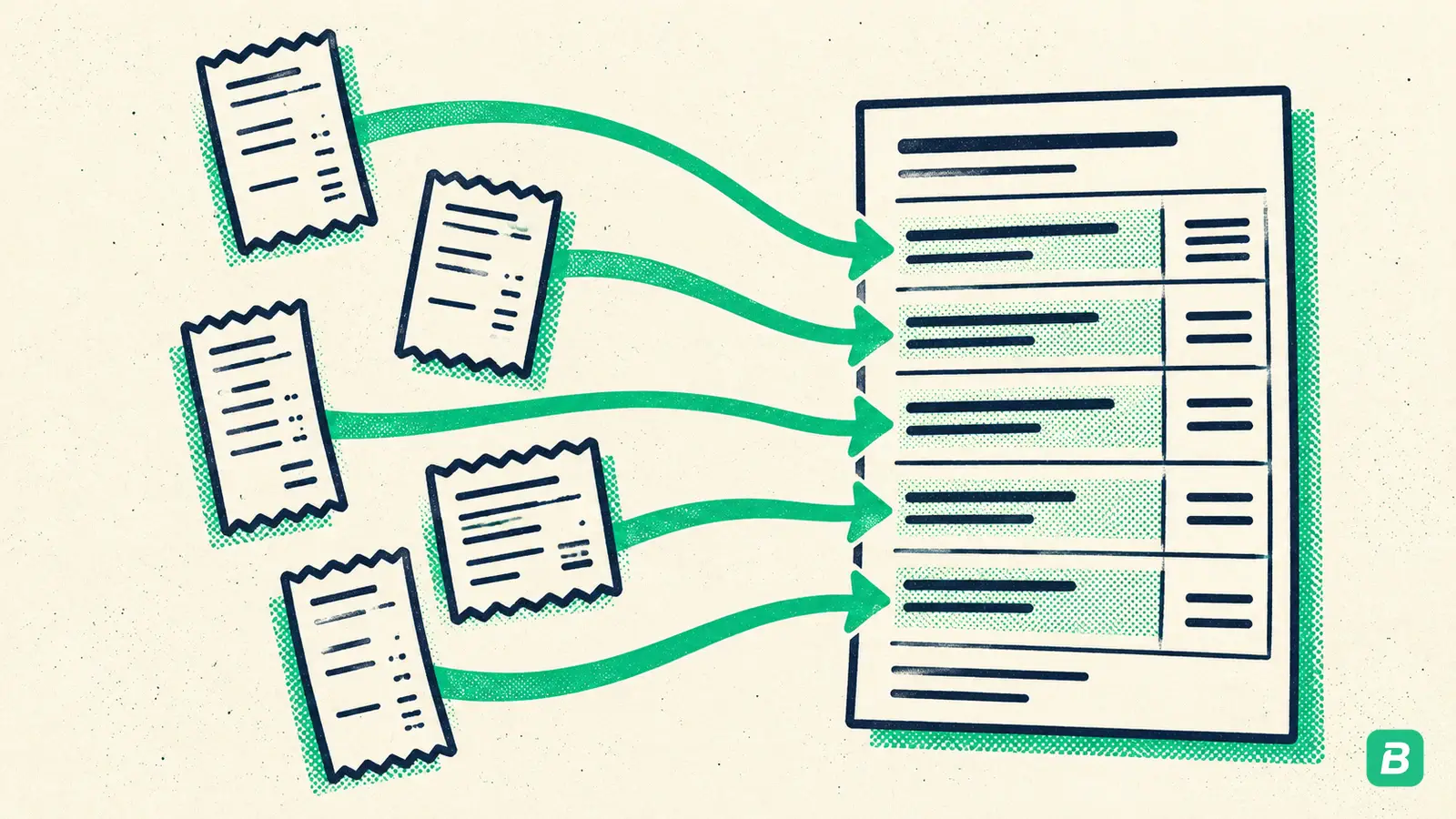 Receipts with arrows each landing on a different line of a tax form