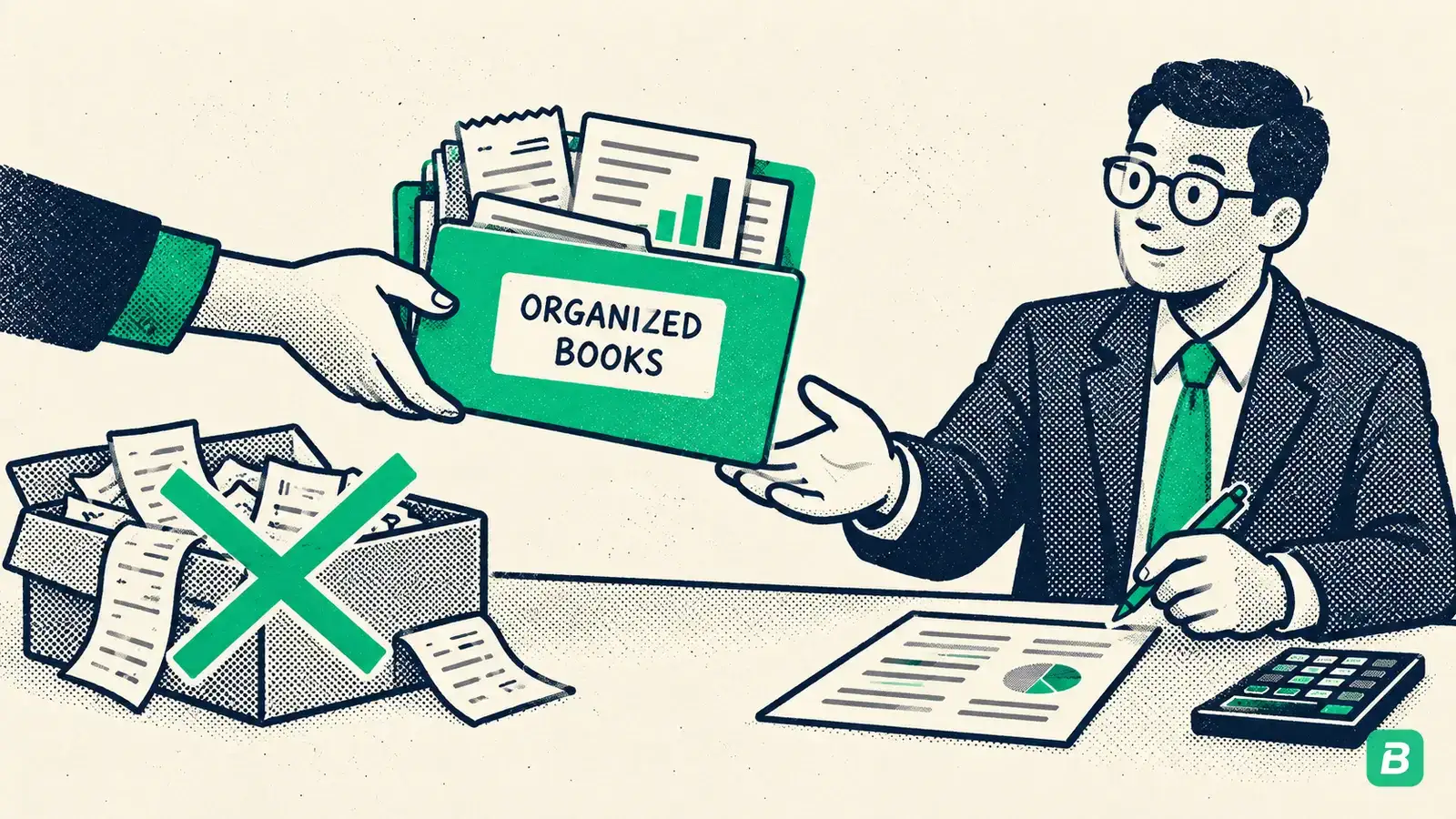 An organized folder of books handed to an accountant instead of a shoebox