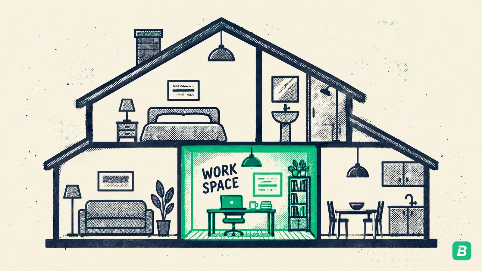 A house cross-section with the home office room shaded green