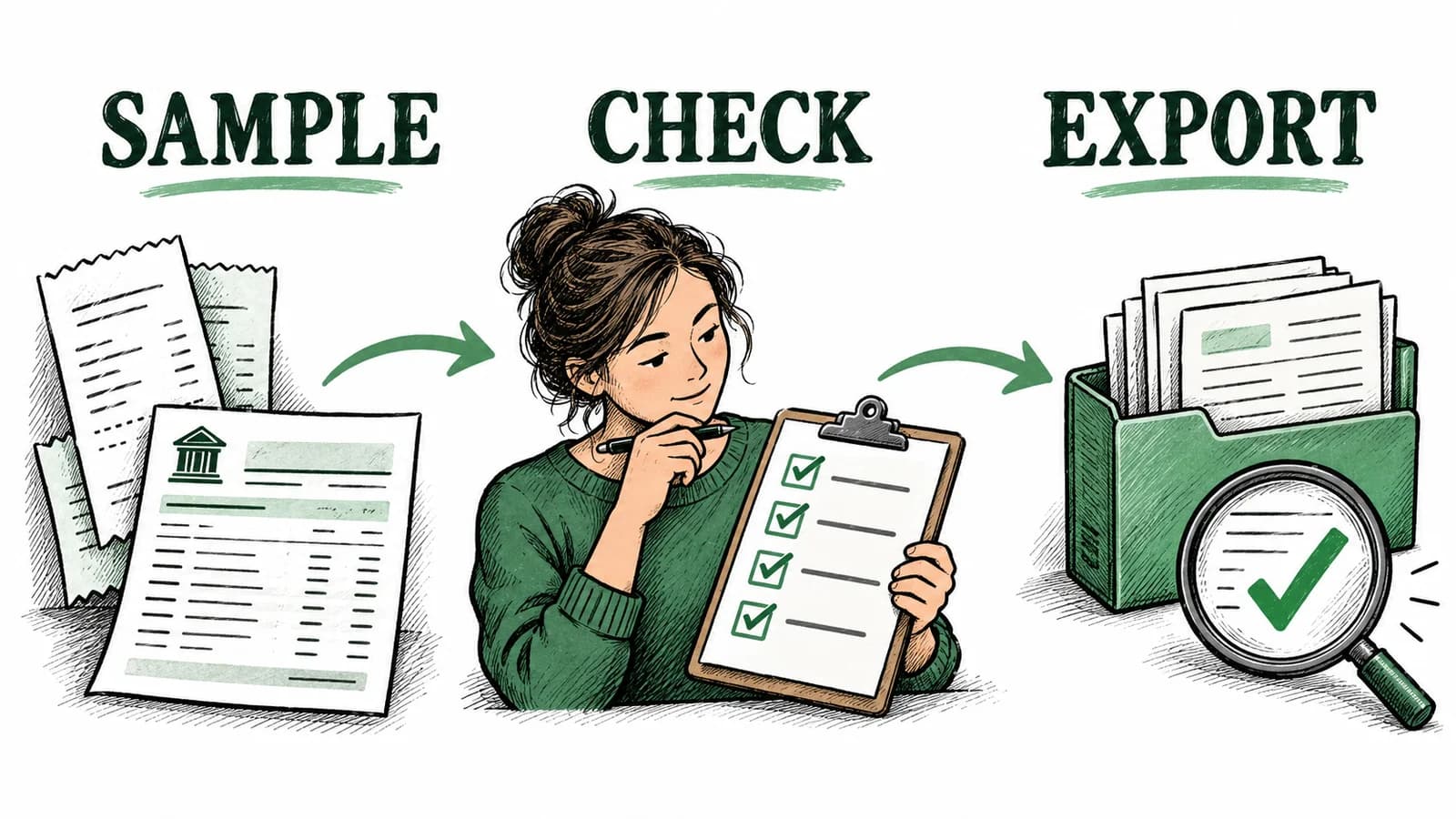 Illustration of a business owner comparing document capture, corrections, matching, and export results on a software trial checklist