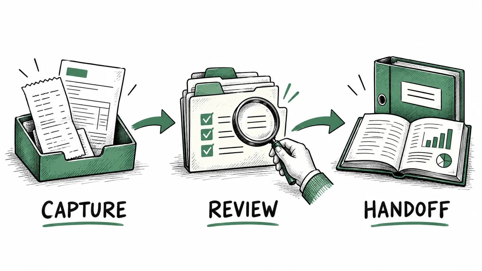Illustration mapping receipt and statement inputs through an expense workflow to reports, an accounting system, and an accountant