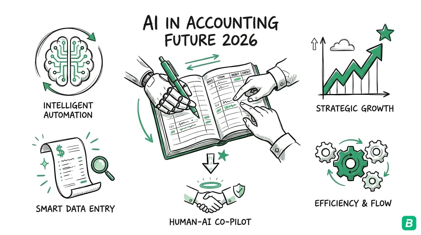 AI accounting evolution timeline showing progression from manual ledgers to spreadsheets to cloud accounting to AI-powered automation in 2026
