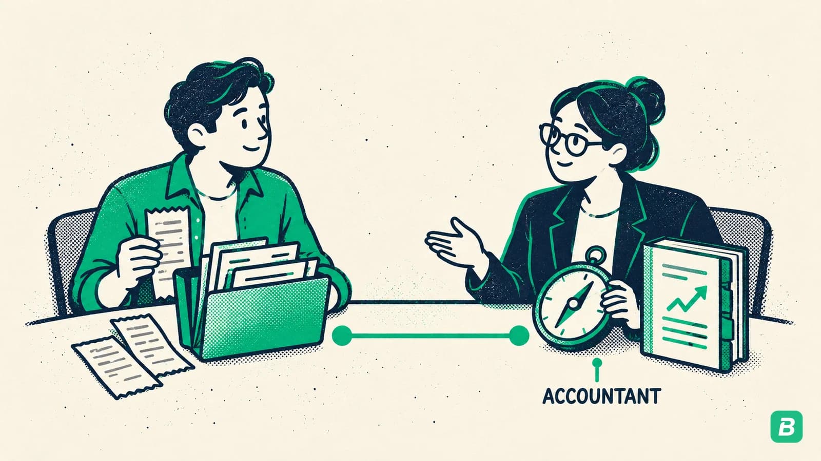 An owner with organized receipts and an accountant with planning tools sharing a table