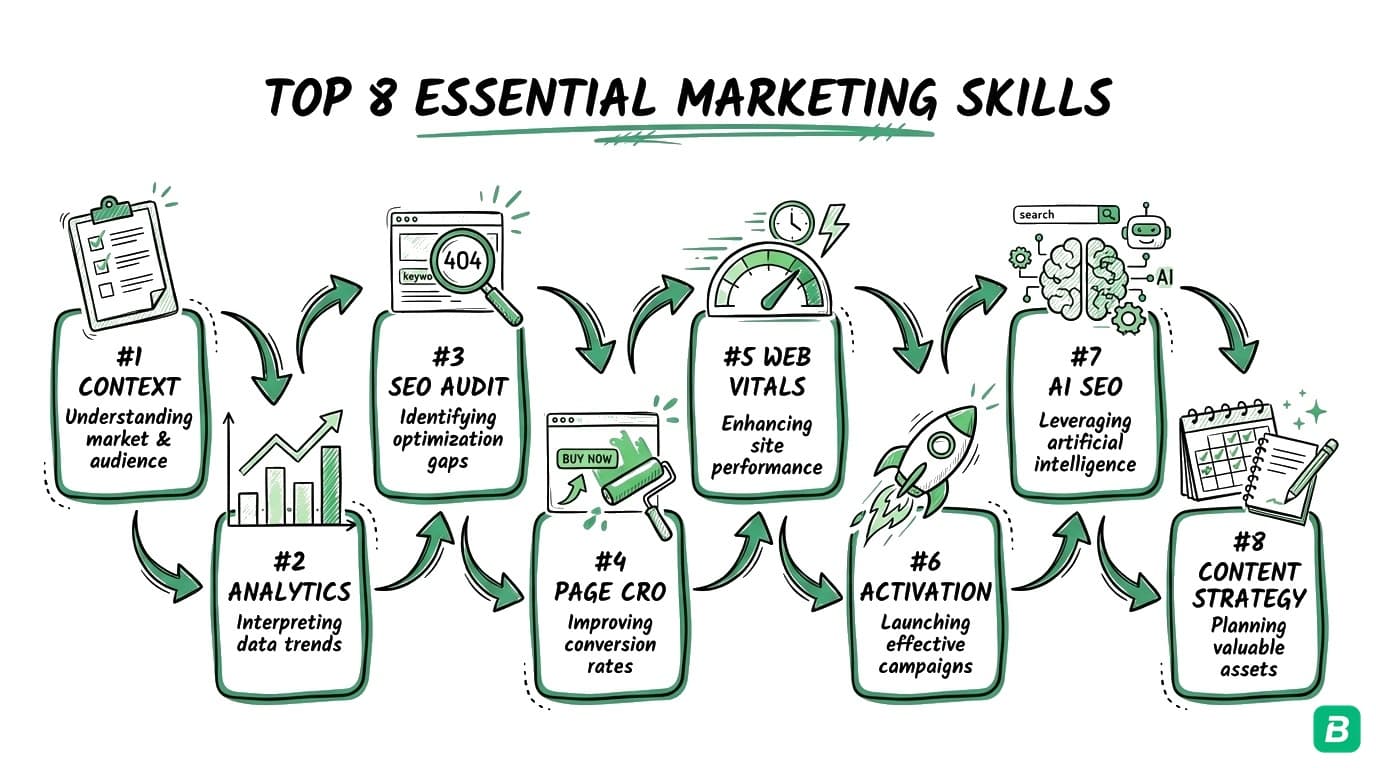 Top 8 essential marketing skills pipeline flowing from Product Context through Analytics, SEO Audit, Page CRO, Web Vitals, Activation CRO, AI SEO, to Content Strategy