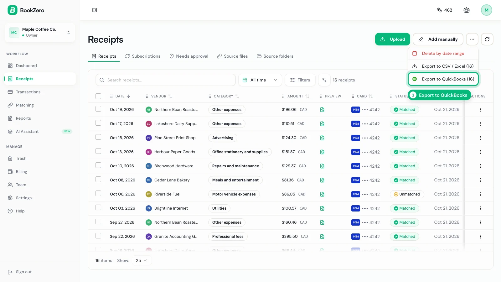 The Receipts toolbar menu open with Export to QuickBooks ringed