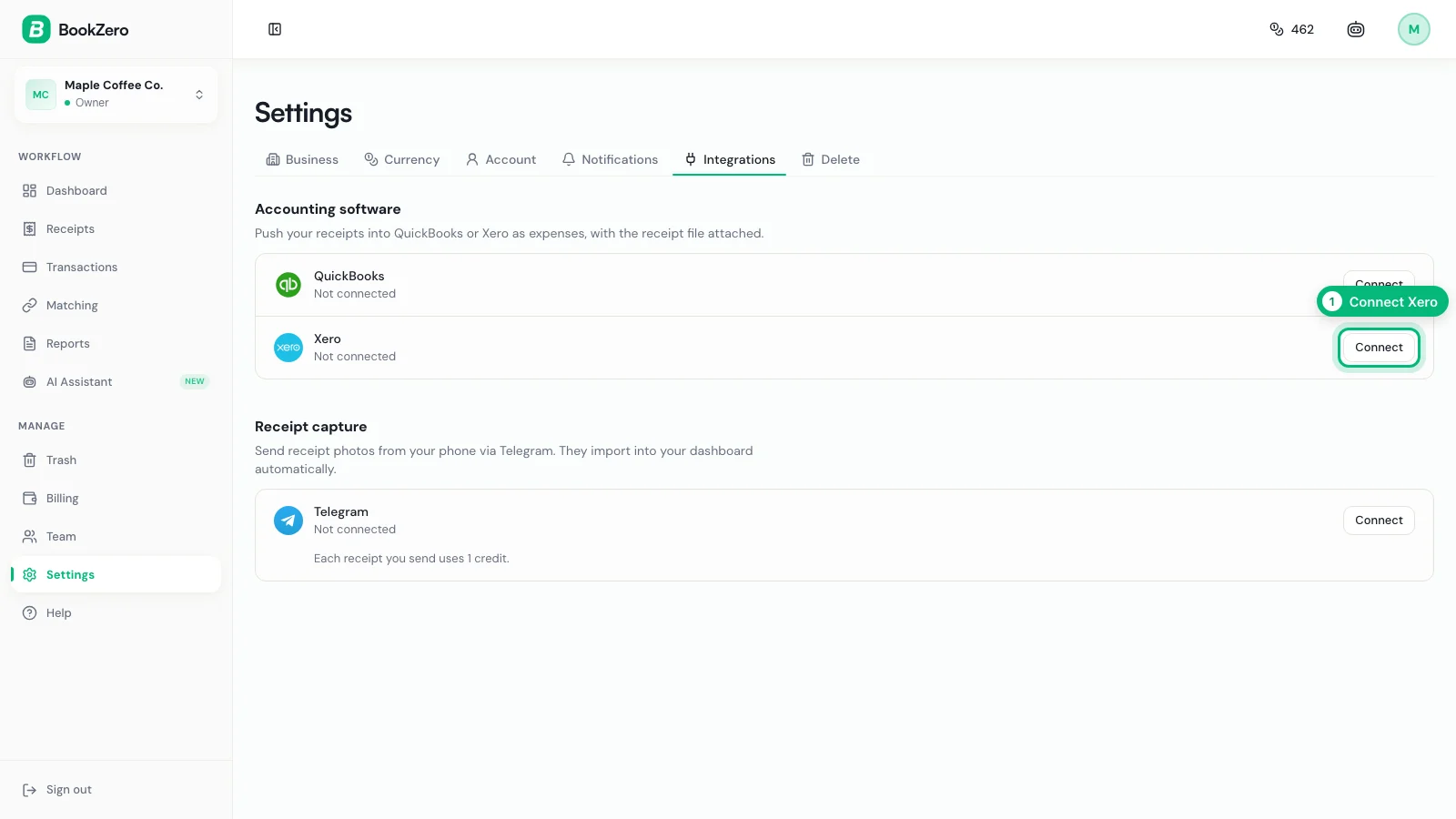 BookZero Settings, Integrations tab, with the Xero Connect button ringed