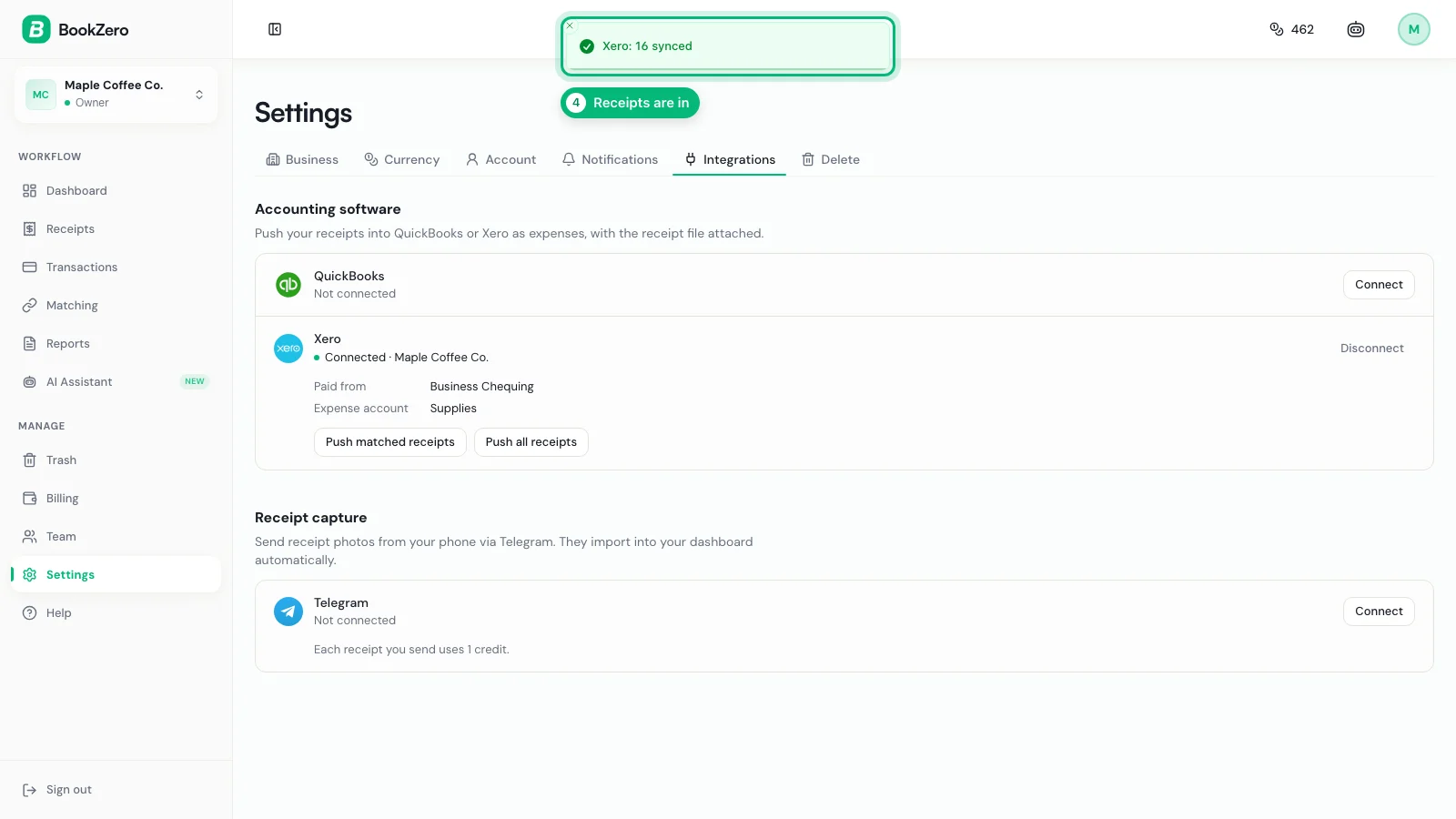 BookZero showing Xero connected and a message that 16 receipts synced