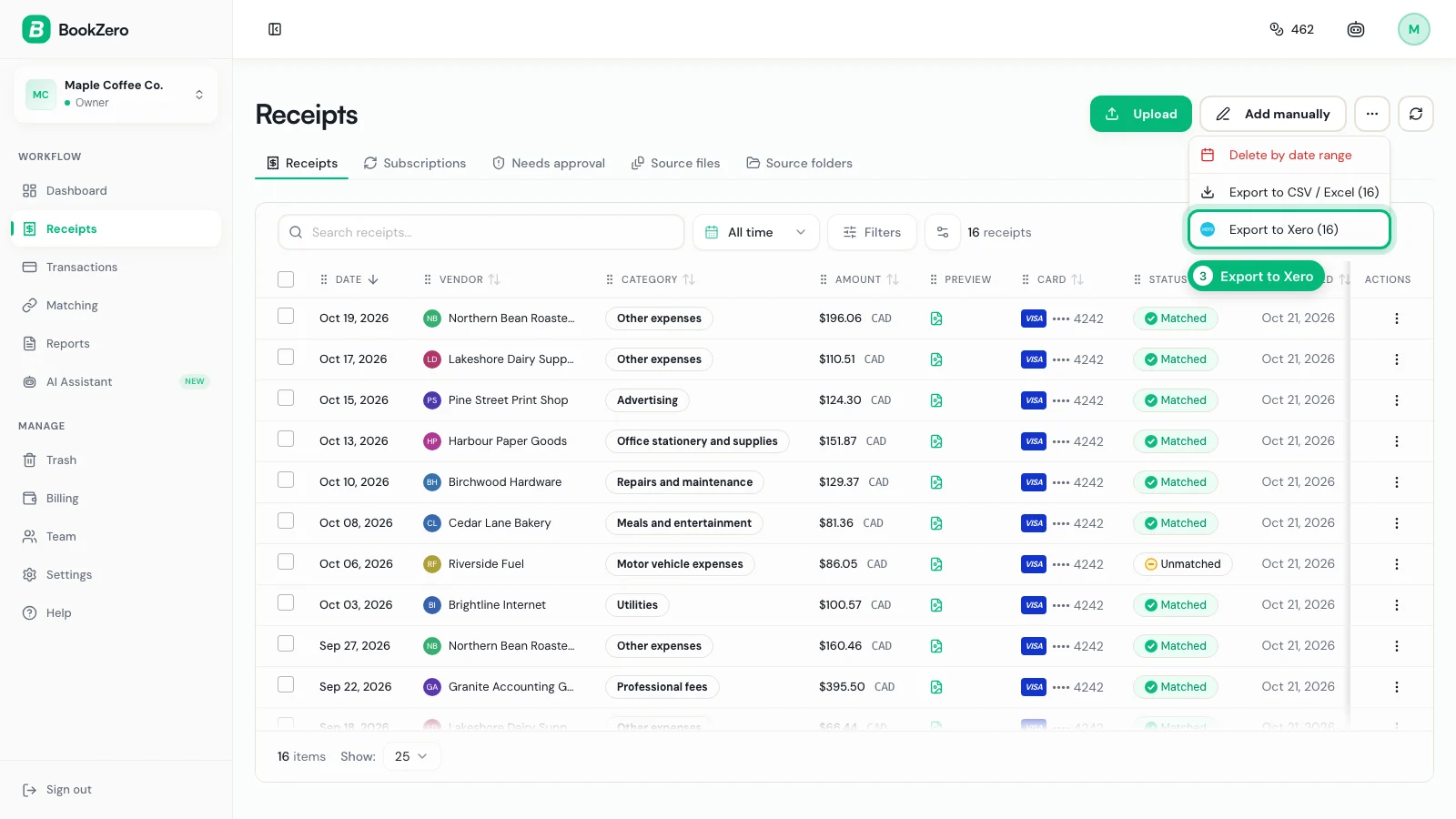 The Receipts toolbar menu open with Export to Xero ringed