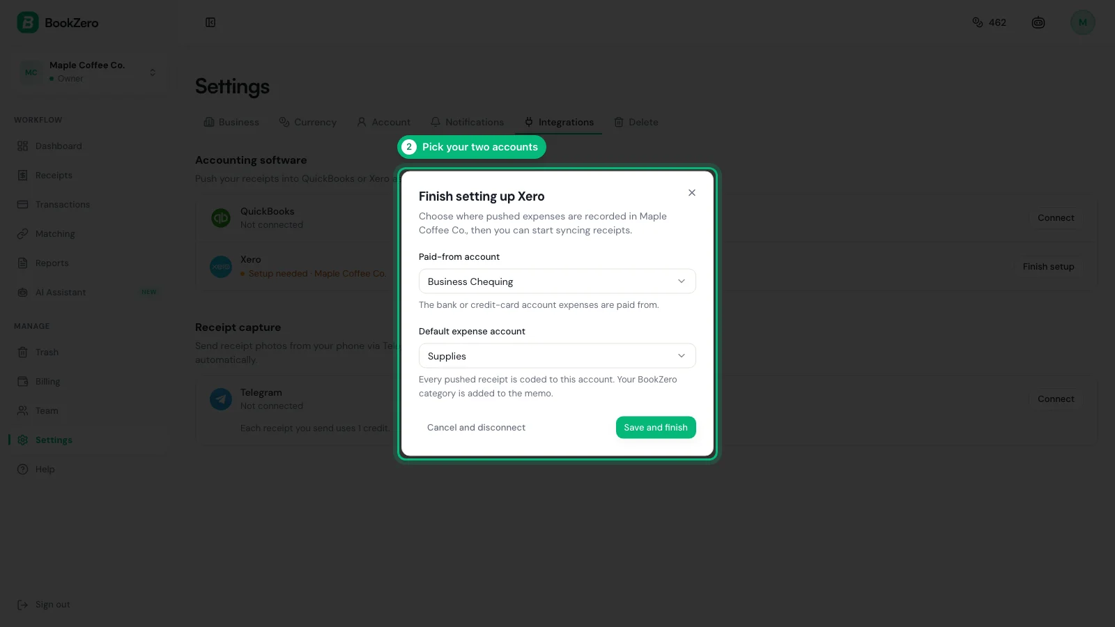 The Finish setting up Xero dialog with a paid-from account and an expense account chosen