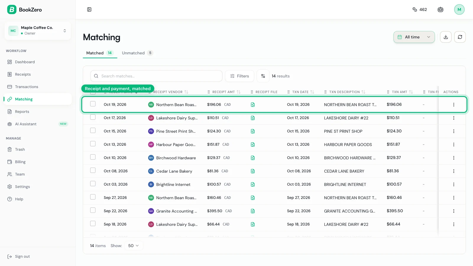 BookZero matching screen showing receipts paired with card transactions