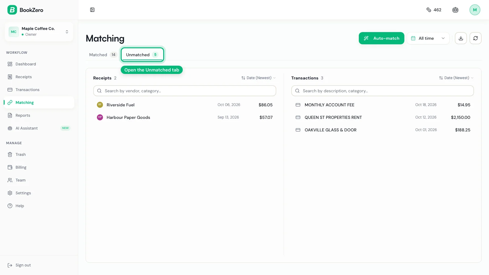 BookZero Matching page listing card transactions that have no receipt yet