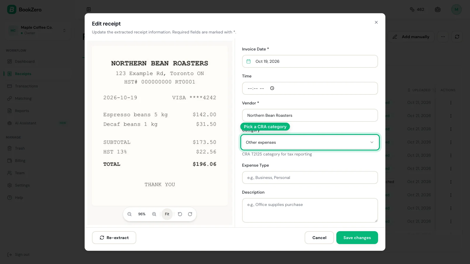 BookZero receipt detail with a suggested expense category