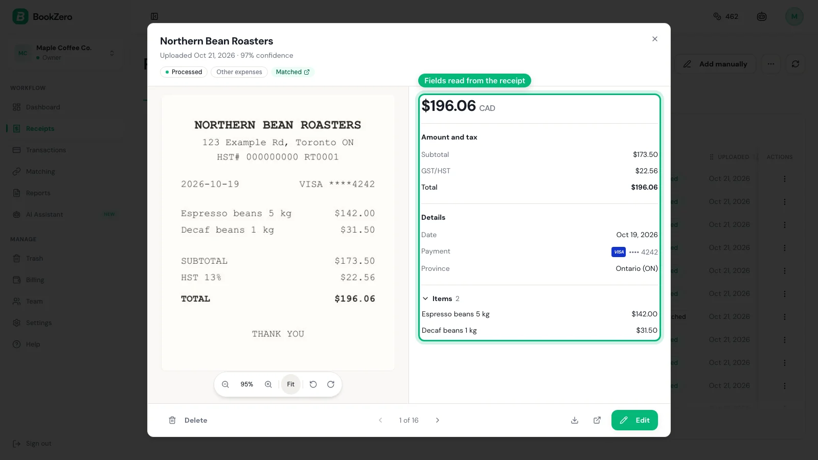 BookZero receipt view with the photo beside the fields read from it: subtotal, GST/HST, total, date, card and province
